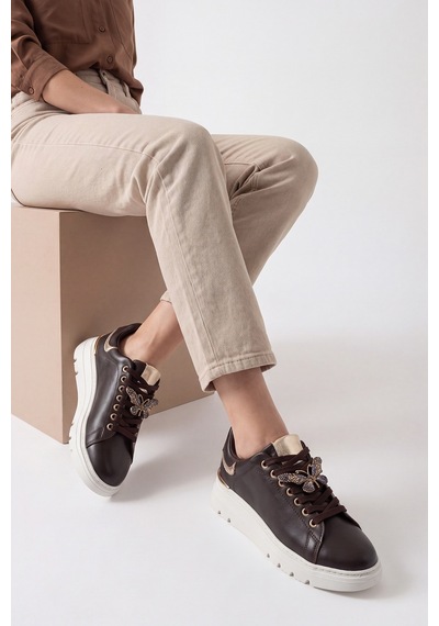 Luvi Shoes Jenny Kahverengi Cilt Hakiki Deri Kelebek Tokalı Kadın Günlük Spor Ayakkabı