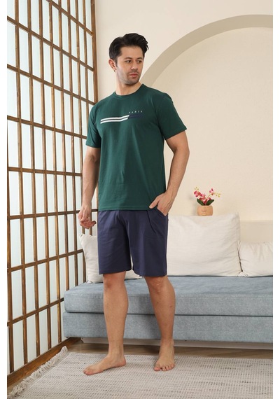 Seboteks %100 Pamuklu Kısa Kollu Cepli Erkek Şortlu Pijama Takımı 2015 Haki