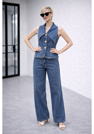 Kadın Gold Düğme Detaylı Yelekli Denim Kot Takım Yz2613 Mavi
