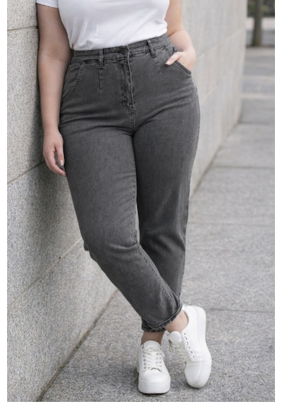 Cedy Denim Mom Fit Jean Büyük Beden Yüksek Bel Carrot Kesim Dar Paça Pileli Esnek Kot Pantolon C600 Gri