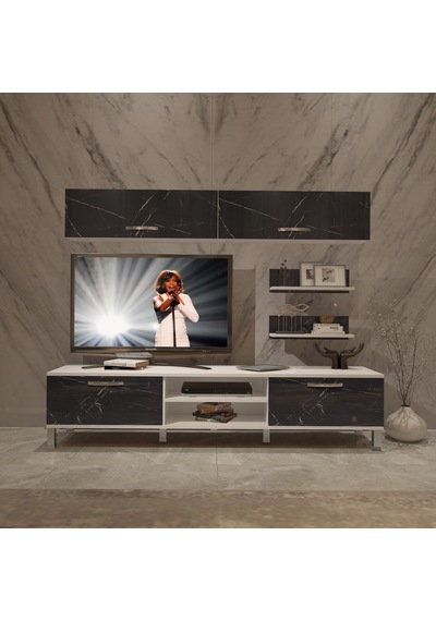 Decoraktiv Eko 5 Mdf Dvd Krom Ayaklı Tv Ünitesi Tv Sehpası Beyaz - Siyah Mermer