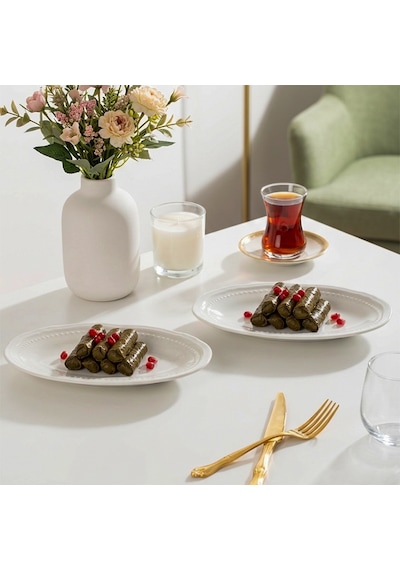 Porsima 4464 Beliz Porselen Kayık Tabak Seti - Oval Kahvaltılık Sunumluk Seti 20cm Beyaz