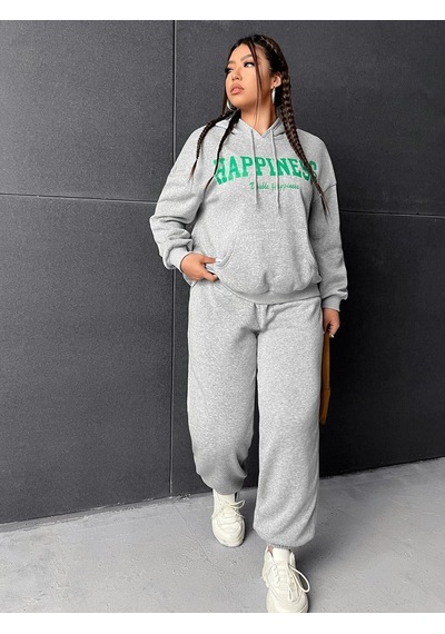 Eşofman Takımı Sweatshirt - Gri Baskılı Oversize Şardonlu Kapüşonlu Gri