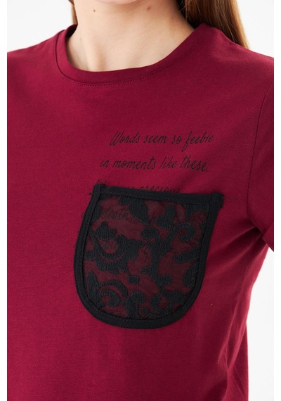 Sortie Collection Dantel Cepli Yazı Baskılı Katlama Kollu Tshirt Bordo