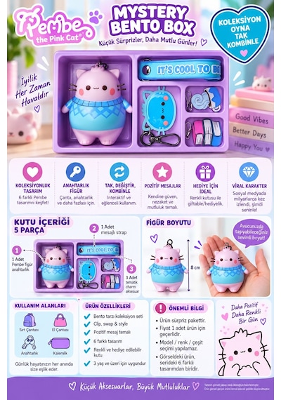 Pembe The Pink Cat Mystery Bento Box 5 Parça Anahtarlık Figür Charm Seti It's Cool To Care 8 Cm