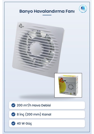 Banyo Tuvalet Havalandırma Aspiratörü 8 İnç 200 Mm M³/h 40w Nem K