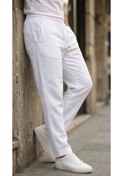 Efnaz Style Erkek İç Göstermez Yıkamalı Genişkalıp Keten Pantolon Beyaz