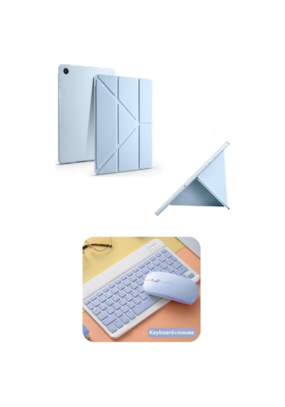 Samsung Uyumlu Galaxy A11+ Plus Uyumlu Standlı Tablet Kılıfı + Kablosuz Klavye Mouse Set Mavi Diğer