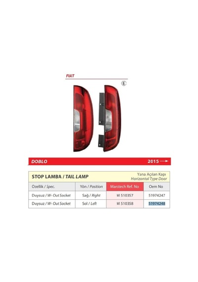 Fiat Doblo Sol Arka Stop Lambası Duysuz Yanal Açılan Kapı 2015 -51974248
