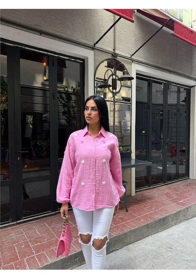 WeShaya Pembe Müslin Nakışlı Viskon Gömlek Pembe