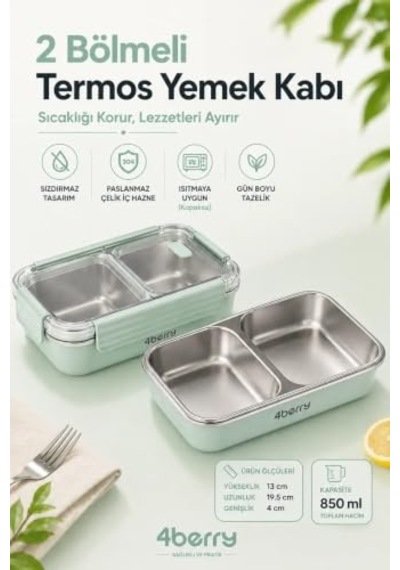 2 Bölmeli Termos Yemek Kabı, Paslanmaz Çelik, Sızdırmaz Kapak, 850 Ml, Su Yeşili