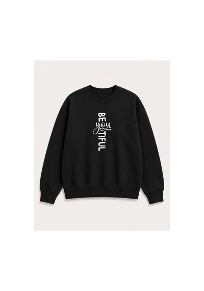 Herkesemoda Beatiful Yazılı Baskı Detaylı Şardonlu 2 İplik Bisiklet Yaka Sweatshirt Siyah