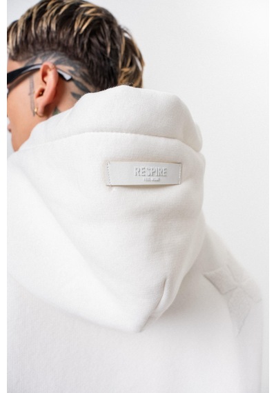 Respire Erkek Süzene Nakış Detaylı Kapüşonlu Oversize Hoodie Ekru