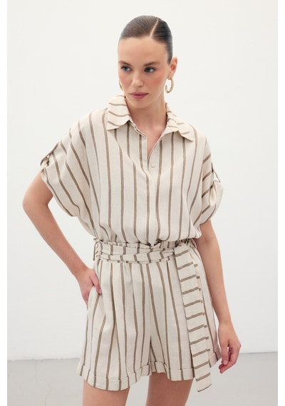 Sateen Kısa Kollu Keten Karışımlı Gömlek - Camel-136368 CAMEL
