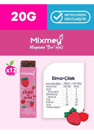 Mixmey Çilek Meyve Barı 12 Adet | Atıştırmalıklar – Vegan, Glutensiz, Koruyucusuz (20GR X 12 ADET)