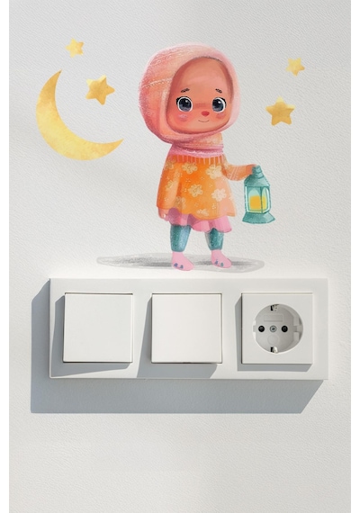Sevimli Kız Çocuğu Ramazan-ı Şerif Priz Sticker Seti Duvar Cam Sticker Ramazan Süsü Çok Renkli
