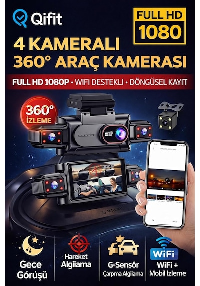 Full Hd 1080p Wi-fi Full Hd 3 Kameralı Araç Içi Kamera Araba Güvenlik Kamerası Gece Görüşü Ön Geri Iç Kayıt