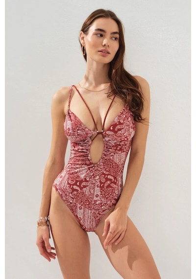 Pierre Cardin Tarçın Etnik Desenli Derin V Yakalı Cut Out Mayo Ipli Sırt Detaylı Aksesuarlı Biyeli Dekolteli Turuncu