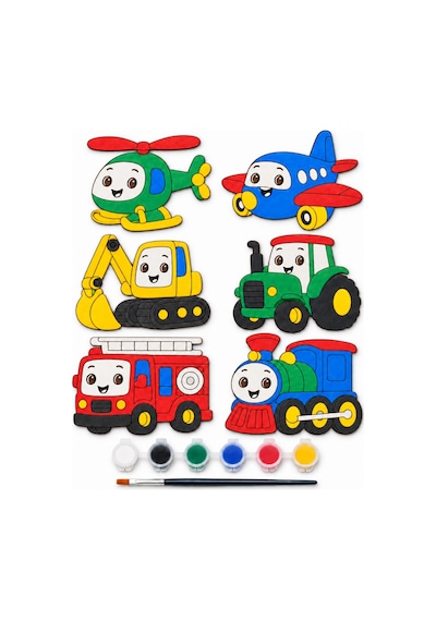 6 Lı Sevimli Taşıtlar Mdf Boyama Seti 17 Cm Sulu Boya Ve Fırça
