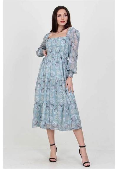 Neşeli Butik Kadın Mint Gipeli Kare Yaka Desenli Şifon Elbise Nb100361 Mint