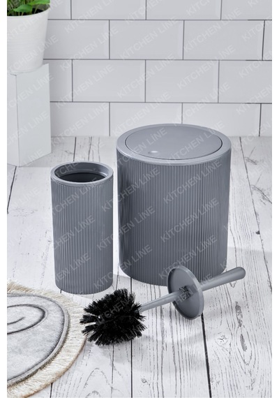 Yuvarlak Çöp Kovası & Yuvarlak Tuvalet Fırçası Seti Ikili Banyo Seti Açık Gri Beyaz