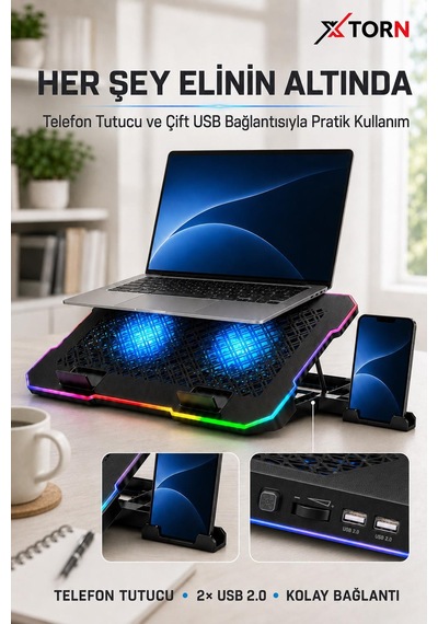 Torn Rgb Laptop Soğutucu 2 Fanlı Ayarlanabilir Standlı Notebook Soğutucu