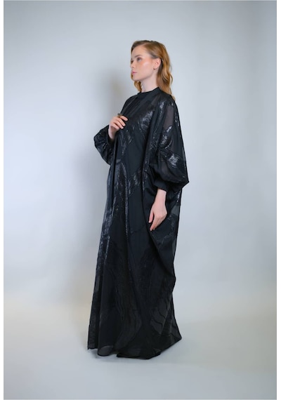 Crystalia Işıltılı Siyah Jakar Kumaş Ve İç Elbiseli Sendi Kumaş İkili Takım Abaya Siyah