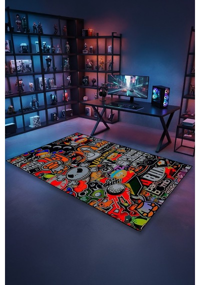 Sticker Bomb Karışık Desen Yıkanabilir Kaymaz Taban Genç Odası Halısı Gnc8