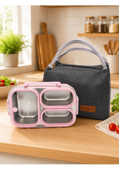 Valkyrie 304 Paslanmaz Çelik 3 Bölmeli Pembe Lunch Box Termal Çantalı Sızdırmaz Kapaklı Beslenme Kabı,