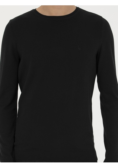 Cacharel Siyah Slim Fit Pamuk Karışımlı Bisiklet Yaka Basic Triko Kazak