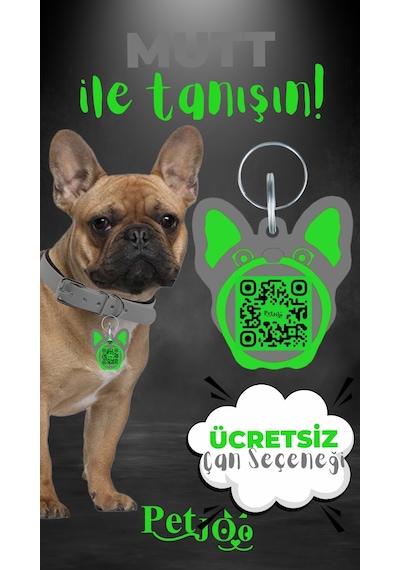 Petjoo 10.Mutt Yeşil-Gri Qr'lı Köpek Künyesi