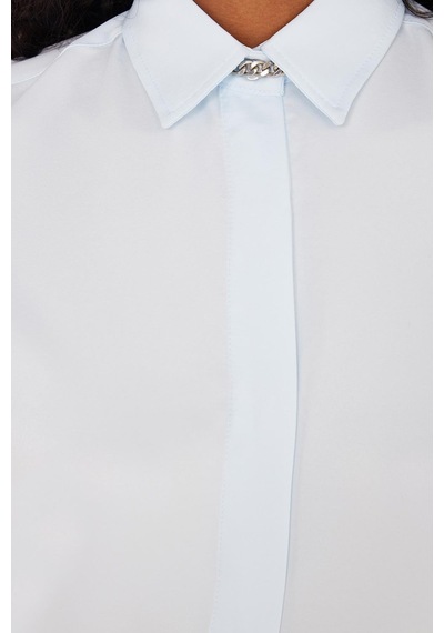 Tudors Kadın Slim Fit Dar Kesim Vucüda Oturan Uzun Kollu Gizli Düğme Detaylı Mavi Basic Gömlek-35557 Mavi