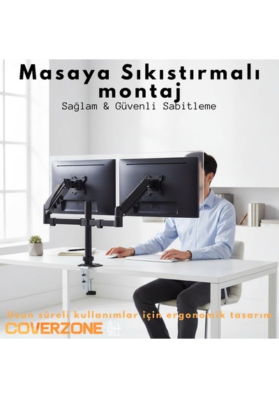 17 32 İnç Amortisörlü Çiftli Pivot Monitör Kolu, Gazlı Yaylı, 2 9 Kg, Çift Montaj Seçeneği Sıkıştırma Ve Vidalama, 360 Döner, Vesa Uyumlu Stant, M02, Siyah