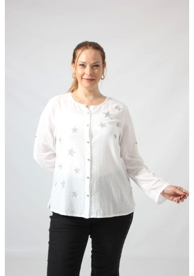 Moda Berray 3294 Beyaz Yıldız Baskılı Organik Keten Kumaş Mevsimlik Gömlek Beyaz