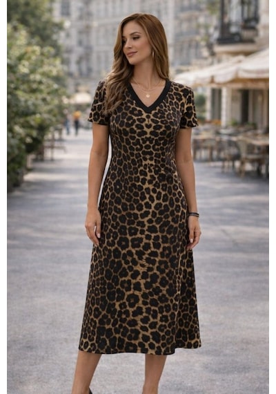 De'charme Kadın Kısa Kollu V Yakalı Leopar Desenli Kısa Süprem Elbise