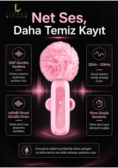 Pembe Kablosuz Yaka Mikrofonu 2.4g Type-c / Lightning Uyumlu Gürültü Azaltmalı Mini Vlog Canlı Yayın Röportaj Mikrofonu