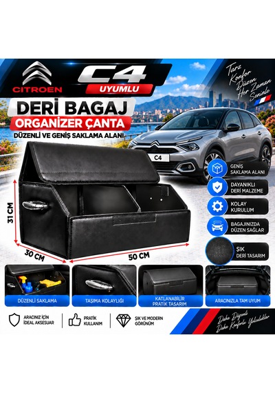 Citroen C4 Uyumlu Oto Bagaj Organizeri Deri Bagaj Kutu Çanta 1