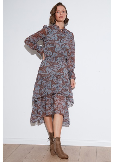 Lela Regular Fit Yaka Detaylı Volanlı Şifon Midi Bayan Elbise 611El1448 Mavi