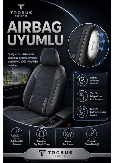 Nova Serisi Tay Tüyü Bel Destekli Füme Siyah Premium Üniversal Koltuk Kılıfı Tam Set