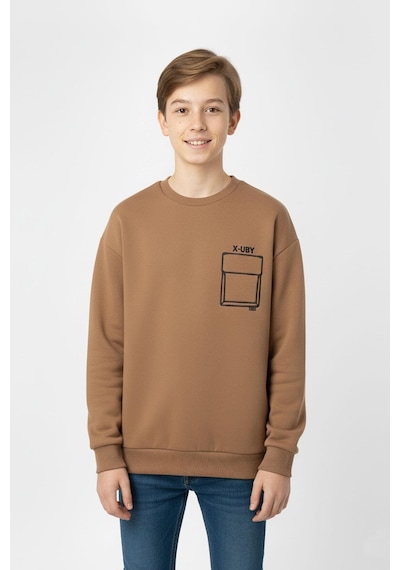 Baskı Detaylı Bisiklet Yaka Erkek Çocuk Sweatshirt-90912 Kahverengi
