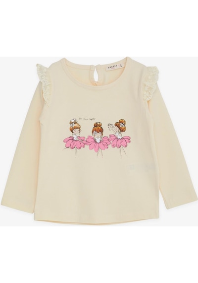Breeze Kız Bebek Uzun Kollu Tişört Danscı Kız Baskılı Güpürlü 9 Ay-3 Yaş, Krem-krem Krem