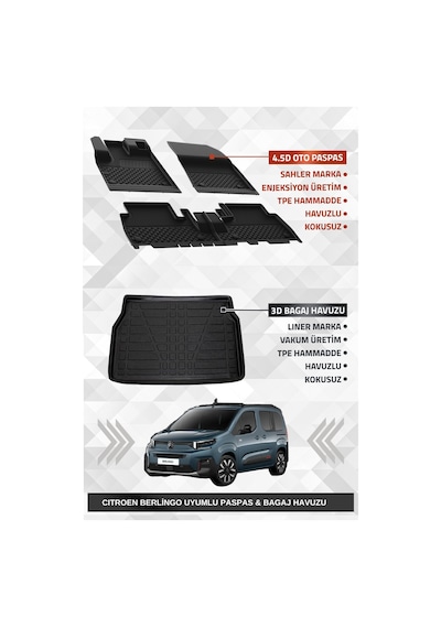 Sahler Citroen Berlingo 2019+ Uyumlu 4.5d Premium Havuzlu Oto Paspas Ve Liner Marka 3d Bagaj Havuzu