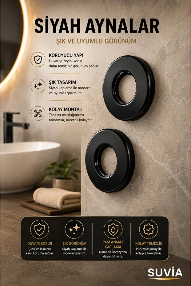 Taharet Musluğu 2'li Set Siyah 2 Adet 50 Cm Flex Hortum Ayna On Off Sızdırmaz
