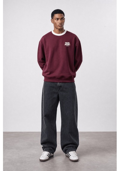 Respire Erkek Not Basic Project Baskılı Oversize Sweatshirt Bordo