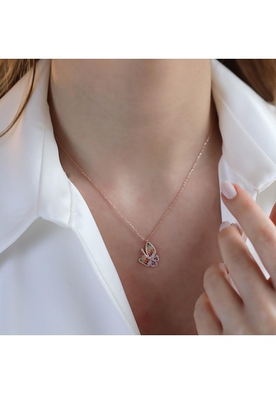 Mini Kelebek Renkli Zirkon Taşlı Rose Gold Kaplama Gümüş Kolye Gümüş
