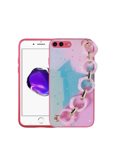 Zore Apple Uyumlu iPhone 7 Plus Kılıf Simli Desenli El Askılı Tutacaklı Elsa Silikon Kapak - P Pembe Koyu