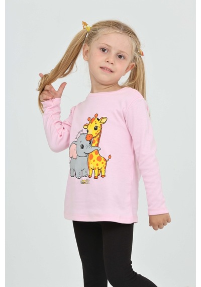 Toontoy Kız Çocuk Zürafa Fil Baskılı Sweatshirt Pembe
