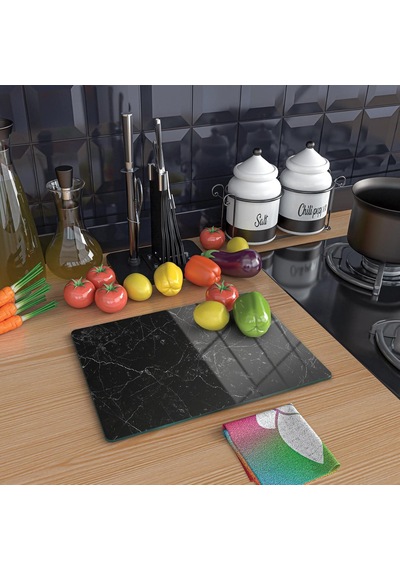 Cam Kesme Tahtası Panosu 25 X 35 Kırılmaya Isıya Çizilmeye Dayanıklı Doğal Kesme Tablası Siyah Mermer Design