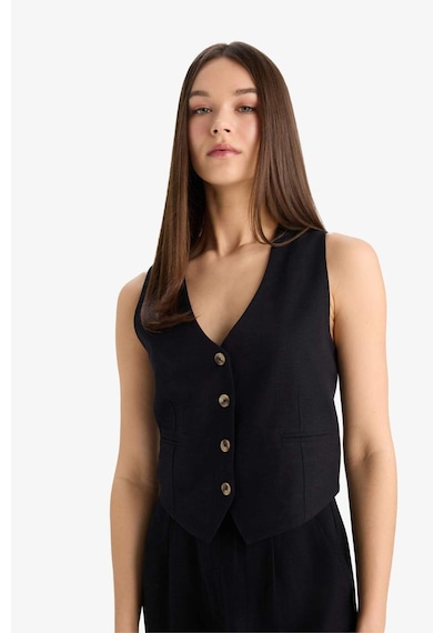 DeFacto 	V Yaka Keten Karışımlı Blazer Yelek E6209AX25SPBK81 Siyah