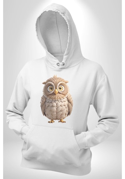 Baykuş Kadın Erkek Beyaz Kapüşonlu Sweatshirt Hoodie Beyaz